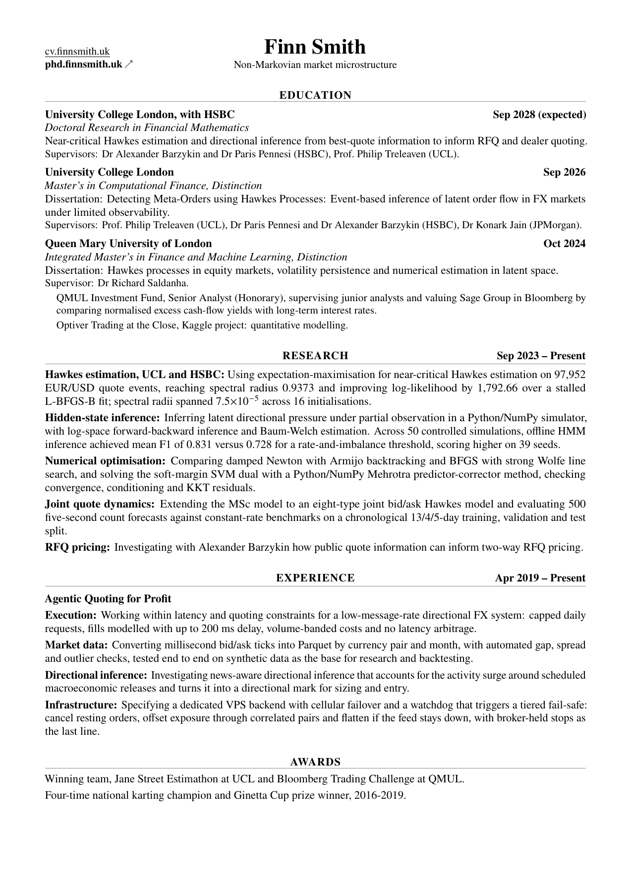 Finn Smith’s one-page CV, with Education, Research, Experience and Awards. The PDF contains selectable text.